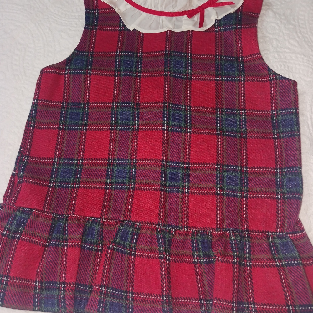 Janie and Jack Red Plaid Sleeveless Dress Top with White Ruffle Collar